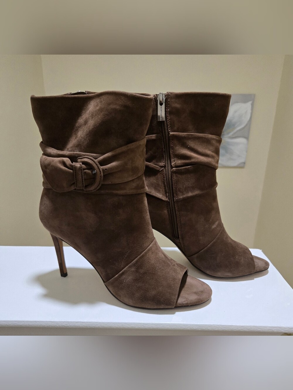 Vince Camuto Tan Suede Peep-Toe Stiletto Bootie with Buckle Wrap - No Box